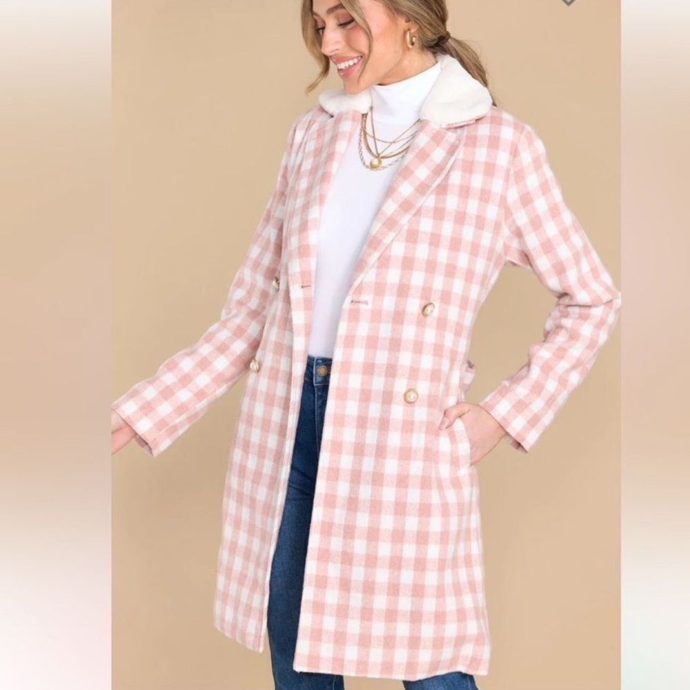 AURA It's A Look Light Pink Plaid Coat Tie Double Breasted Pearl Button M NWT
